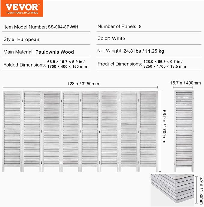 VEVOR Wood Room Divider, 8 Panel Wood Folding Privacy Screen, 66.9 Inches Tall Indoor Louvered Wooden Partition, Portable Decoration Screen, for Room Separation, Home, Office, Restaurant & Bedroom-DeskLoop Office