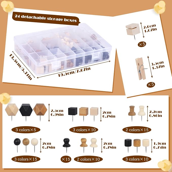 196 Pcs Thumb Tacks, Push Pins for Cork Board, Wooden Push Pins, Wooden Thumb - Image 2
