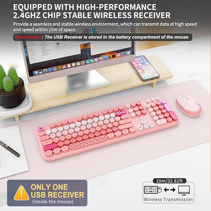 FOPETT Wireless Keyboard and Mouse Combo - 2.4G Full-Sized Cute Colorful Retro Keyboard with Round Keycaps 104 Keys Typewriter Keyboard for Laptop/Windows/PC-Pink Colorful-DeskLoop Office