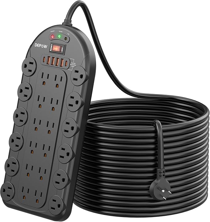 20 Ft Power Strip Surge Protector (3,400 Joules), DEPOW 24 AC Multiple Outlets (1875W/15A) with 6 USBs (2 USB-C Ports), ETL Listed, Flat Plug Heavy Duty Long Extension Cord for Home, Office, Black-DeskLoop Office