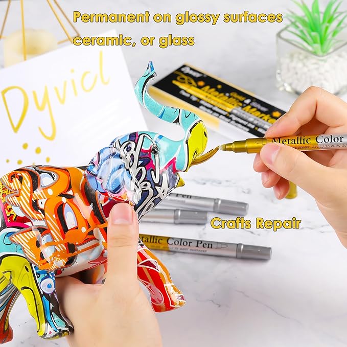 Dyvicl Metallic Marker Pens Dual Tip, Permanent Metallic Silver and Gold Paint Pens for Black Paper, Wine Glass, Rock Painting, Christmas Card Making, Scrapbook, DIY Art Crafts, Set of 4-DeskLoop Office