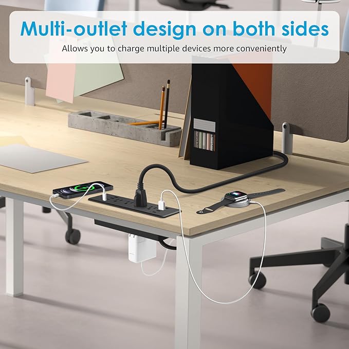 HHSOET 8 Outlet Recessed Power Strip, 30W Fast Charging Furniture Power Outlet USB C, Flush Mount Surge Protection Socket with 4 USB-A and 4 USB-C, 6ft Power Cord. (Black)-DeskLoop Office