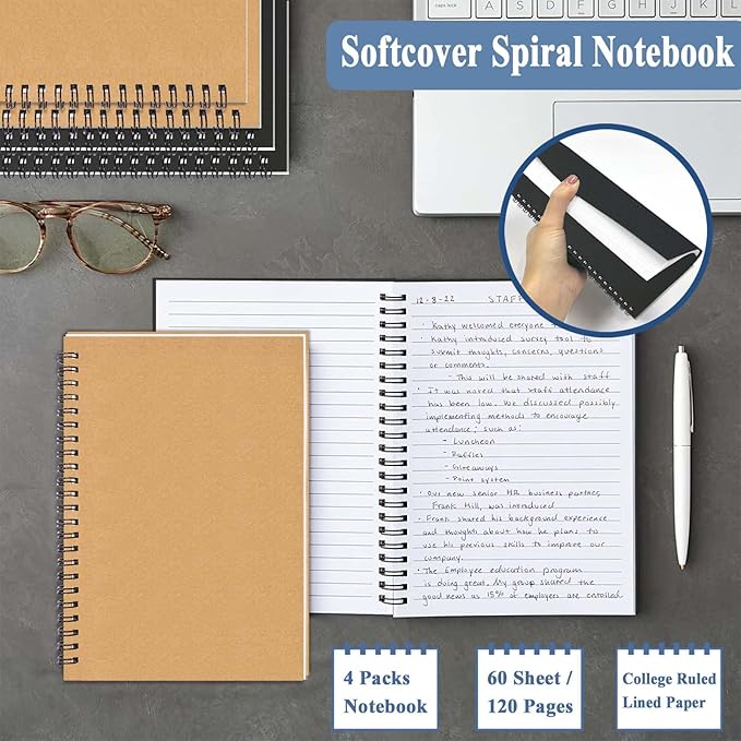 GINMLYDA 4Pack Small Spiral Notebook A5, 8.25x5.5” 120 Lined Pages Wide Ruled Spiral Journal Bulk Blank Kraft Cover Spiral Bound Notebook & Writing Pads for Home Office Meeting Work Note Taking-DeskLoop Office