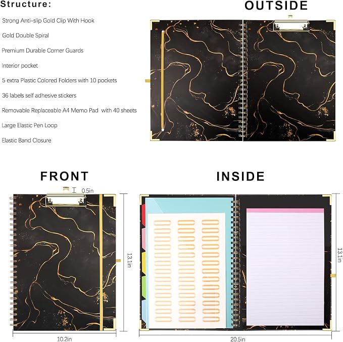 Clipboard Folio with Refillable Notepad, 5 Dividers with 10 Pockets Storage - Image 2