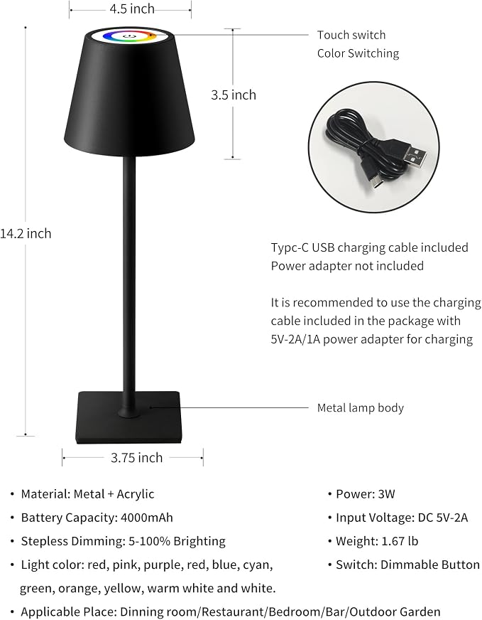 KDG 2 Pack Cordless Table Lamp, RGB Color Stepless Dimming Up, 4000mAh Battery - Image 5