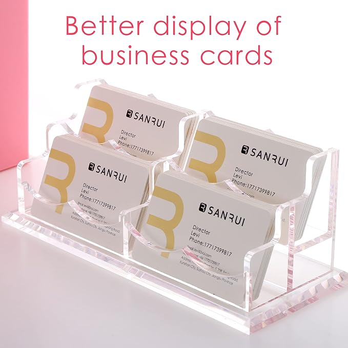SANRUI Clear Horizontal Business Card Holder Stand for Desk, Acrylic Desktop Display Name Cards Holders Organizer Storage Rack,for Exhibition, Home , Office ,2 Tier 4 Pocket, 240 Card Capacity-DeskLoop Office