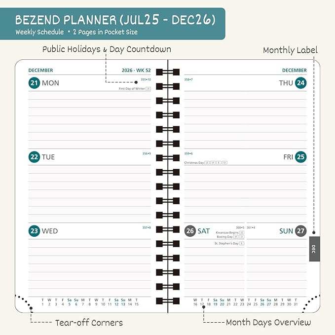 BEZEND Pocket Planner 2025-2026 Weekly and Monthly, 3.5" x 6" Academic Planner (Jul 25-Dec 26) 18-Month Mid-Year Calendar Book, Storage Pocket, Pen Holder, PU Leather Softcover, Spiral - Black