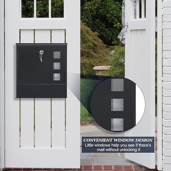 KYODOLED Locking Mailbox Wall Mount, Locked Mail Boxes, Mailbox with Key Lock for Outside, Large Capacity Drop Box for Newspapers, 13 x 3.4 x 11.8 Inch, Black-DeskLoop Office