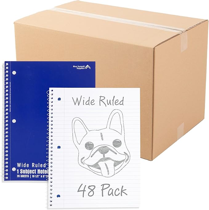Blue Summit Blue Wide Ruled Spiral Notebooks Bulk, 1 Subject Spiral Notebook Wide Ruled, Paper School Bulk Notebooks, 48 Pack-DeskLoop Office