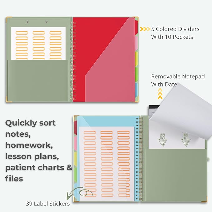 Mymazn Clipboard Folio with Storage, Sturdy Sage Green Cover, 5 Dividers & 10 - Image 5