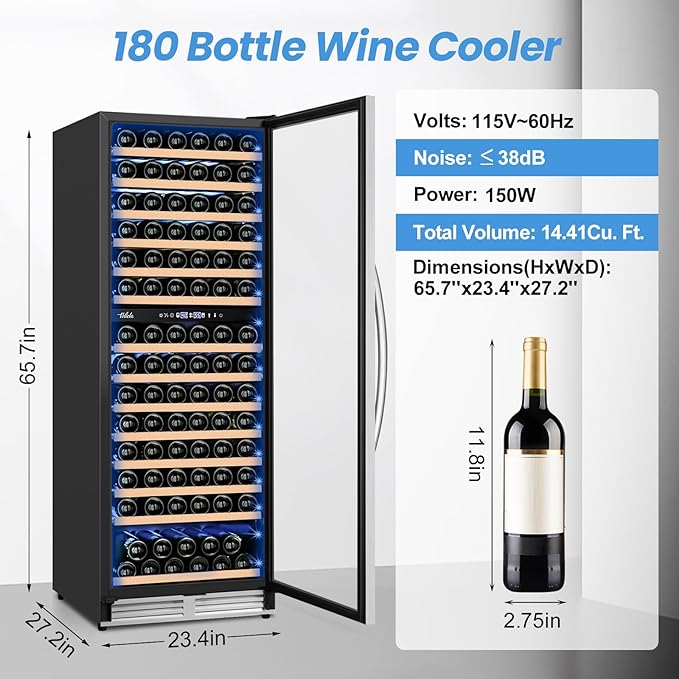 180 Bottles Wine Fridge 24 Inch Dual Zone Wine Cooler Refrigerator Freestanding Wine Refrigerator with Glass Door and Safety Lock, Large Wine Cellar for Home, Office, Kitchen-DeskLoop Office