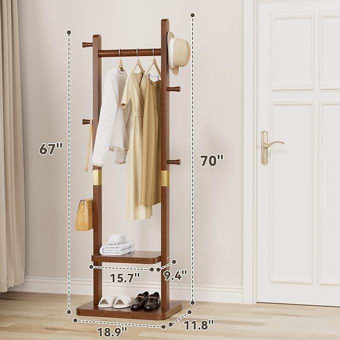 Solid Wood Coat Rack, Coat Rack Freestanding with 2 Shelves and 5 Hooks, Heavy Duty Coat Tree for Entryway，Living room，Coat Hanger Stand for Hats, Bags (Walnut Brown)-DeskLoop Office