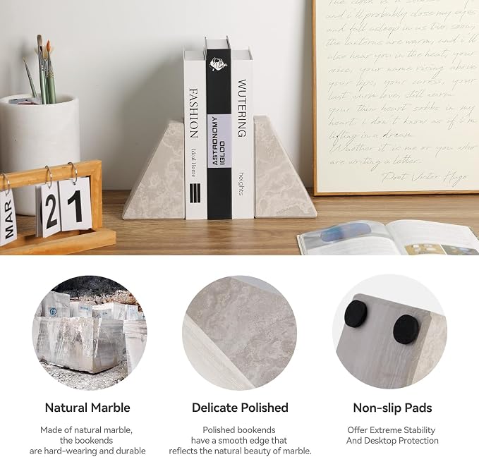Marble Bookends for Heavy Books, Decorative Book Ends for Shelves, Durable and - Image 2