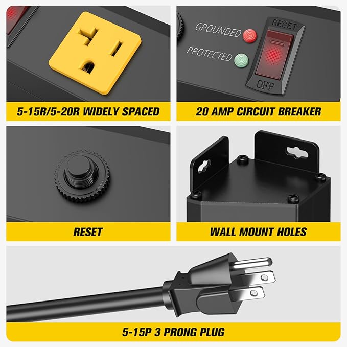 HHSOET 16 Outlet Long Power Strip, 15FT Heavy Duty Power Strip with 4800J Surge Protection, 20a Mountable Wide-Spaced Outlets for Home, Office, Garage & Workshop - ETL Certified-DeskLoop Office