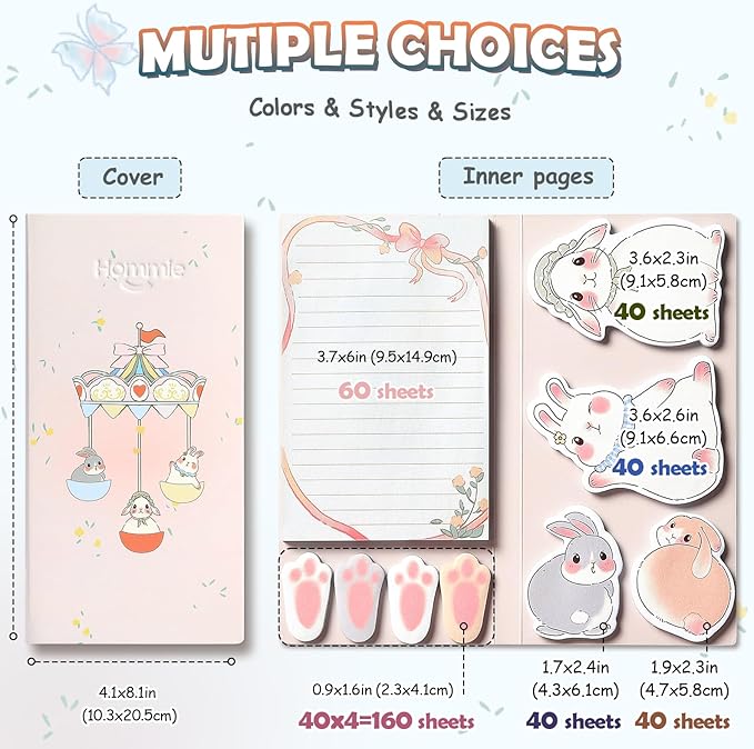 Hommie Cute Sticky Notes Set, Sticky Notes Set Planner Dividers, Easter Bunny Self-Stick Memo Pads with Animal Divider Tabs, Bundle Writing Designs for Office, School, Easter Party Supplies-DeskLoop Office