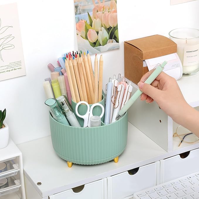 SKYDUE 360 Degree Rotating Desk Organizer, Dual-Purpose Pencil Pen Holder for Desktop, Rotating Desk Pen Organizer with 5 Slots, Pencil Cup for School, Home, Office Supplies (Bean Green)-DeskLoop Office