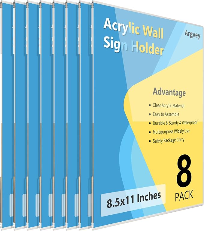 8 Pack Acrylic Sign Holder, 8.5 X 11 inch Wall Mount Clear Plastic Paper Sign by Argvey