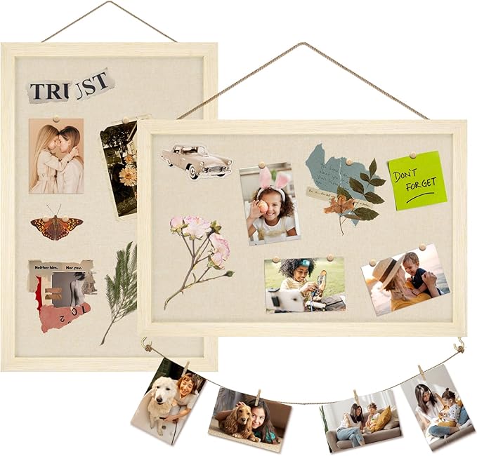 Egofine Cork Board Bulletin Board with Linen, 16x11 Wood Frame Pin Board Wall Decor, 2 Pack Cork Boards for Walls, Hanging Horizontal or Vertically for Office Home Decor School Kitchen, Natural Wood-DeskLoop Office