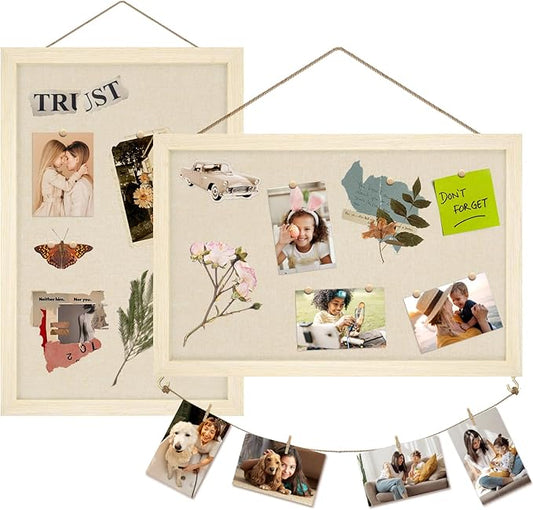 Egofine Cork Board Bulletin Board with Linen, 16x11 Wood Frame Pin Board Wall Decor, 2 Pack Cork Boards for Walls, Hanging Horizontal or Vertically for Office Home Decor School Kitchen, Natural Wood-DeskLoop Office