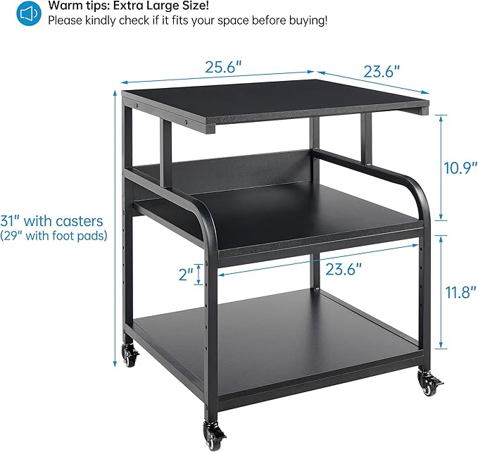 25.6" x 23.6" Extra Large Printer Stand Table with Adjustable Storage Shelf, 3 Tier Rolling Printer Cart with Industrial Wheels for Home Office, Black-DeskLoop Office