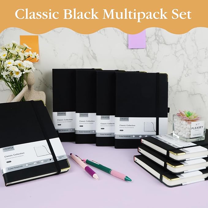 A5 Black Lined Journal Notebook - 100 GSM Thick Paper, 8 Pack Hardcover Journaling Notebooks for Writing, Work, Travel, College Ruled Journals for Women & Men, PU Leather Note Books, 5.5”x8.3”-DeskLoop Office