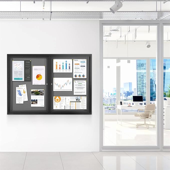 Enclosed Bulletin Board Outdoor Noticeboard with Locking Door, Weather-Resistant, Grey Felt, Black Aluminum Frame, 48 x 34 in-DeskLoop Office