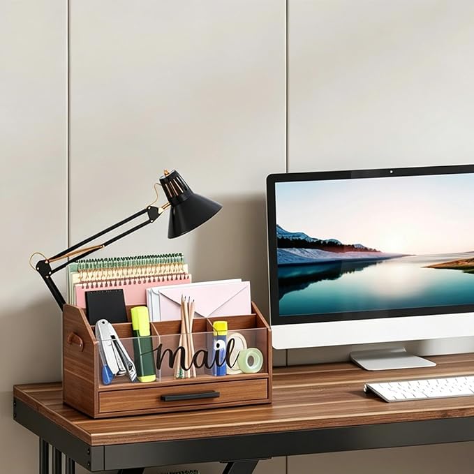 Wood Desk Organizer with Drawer, Bill Mail Organizer Countertop Workspace - Image 7