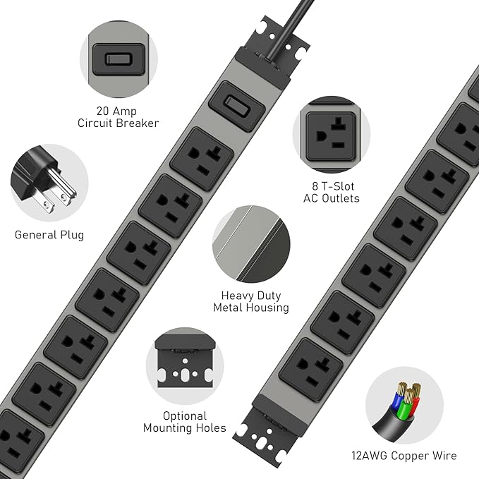 JUNNUJ Heavy Duty Power Strip Wall Mount, 20 Amp Surge Protector 1200J Metal 8 Outlet Under Desk Mounted 20A, Garage Power Bar Table Socket Industrial Outlets 6-20R T-Slot, 10FT 12AWG Extension Cord-DeskLoop Office