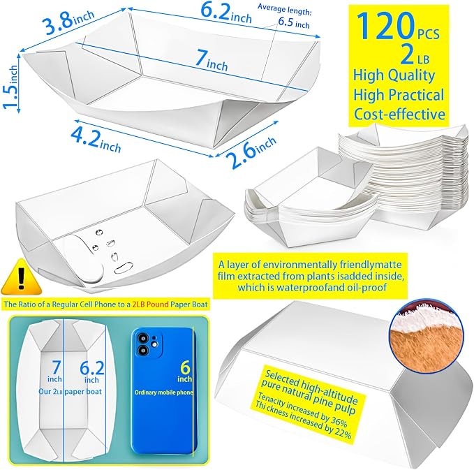 120 Pack 2Lb Paper Food Boat Trays Disposable Paper Boats Containers - Image 2