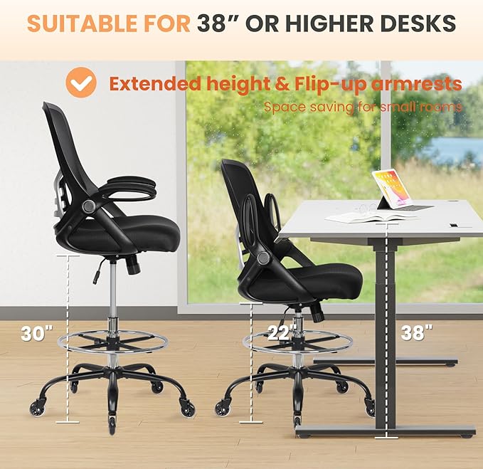 HYLONE Drafting Chair Adjustable, Tall Office Chair Lumbar Support Ergonomic Standing Desk Chair Heavy Duty Tall Drafting Stool for Artists with Footrest Home Office Drafting Stool-DeskLoop Office