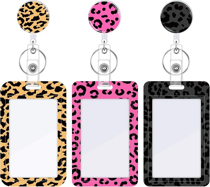 3 Set ID Badge Holder with Retractable Reel, Leopard Retractable ID Badge by BESARME