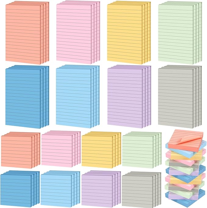 Yexiya 64 Pcs Lined Sticky Notes Self Stick Notes with Lines Bright Assorted Colors Sticky Pad for Home Office Products Post Memos, 1920 Sheets(4 x 6 Inch, 3 x 3 Inch,Fresh Color)-DeskLoop Office