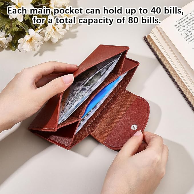 Brown PU Leather Cash Wallet Envelope All in One Long Bifold 2 Tier Reusable - Image 5
