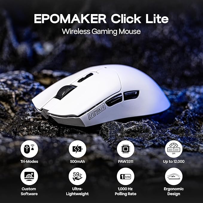EPOMAKER Click Lite Wireless Gaming Mouse, 800 to 12,000 DPI Adjustable, PAW3311 Sensor, 500mAh, 59g, 2.4G/BT/USB-C Rechargeable Wireless Mouse with 5 Programmable Buttons for PC/Mac/Linux (White)-DeskLoop Office