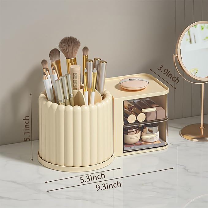 Anyoifax 360 Rotating Makeup Brush Holder 7 Slots Makeup Organizer with Drawer Removable Spinning Cosmetic Storage Pen Holder for Vanity, Dresser, Desk, Beige-DeskLoop Office
