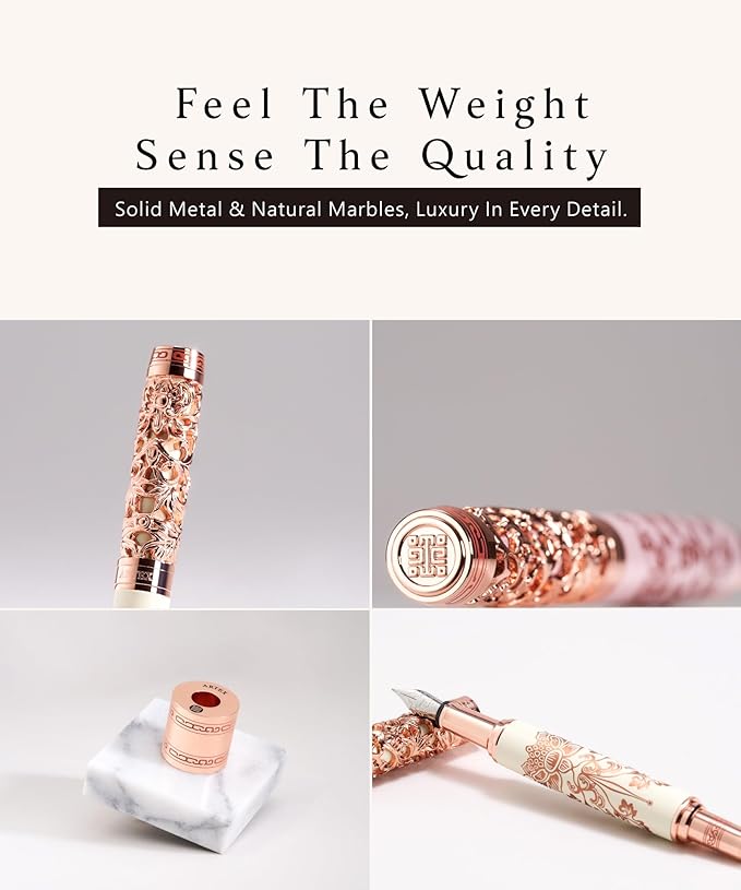 Luxury Fountain Pen Set With Stand - Museum Art Collections - Crafting Timeless Beauty - the Best Gift & Office Desk Decor, German SCHMIDT Fine Nib, Solid Metal & Marble Texture-DeskLoop Office