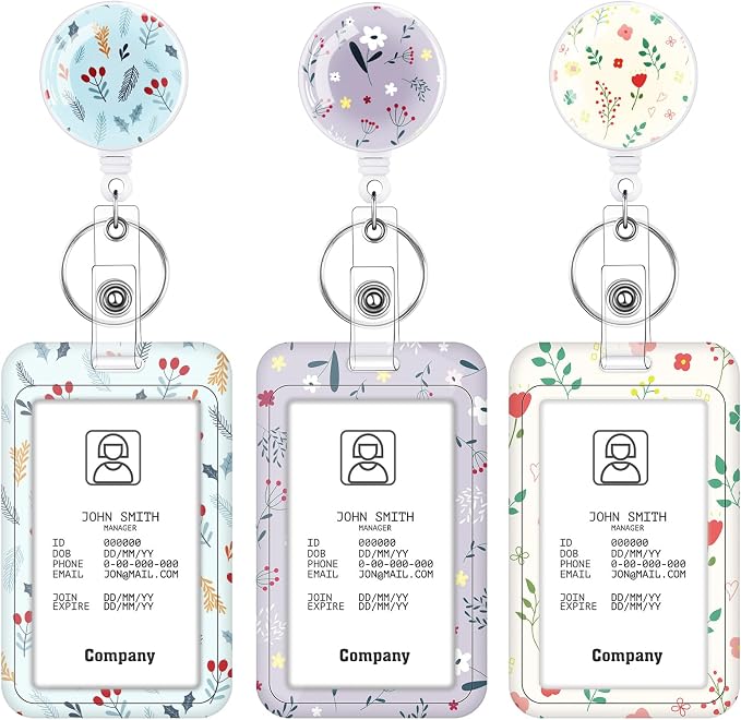3 Set Badge Holder with Retractable Reel, Flower Pattern Retractable ID Badge by BESARME