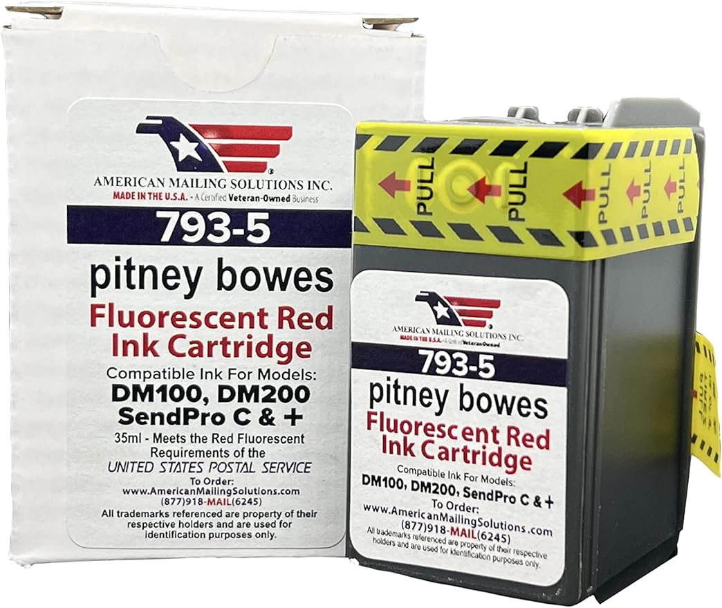 AMERICAN MAILING SOLUTIONS INC. | 2-Pack | PB 793-5 Replacement Red Fluorescent Ink Cartridge for Postage Meters DM100i, DM125i, DM150i, DM175i, DM200L, DM225, SendPro 300, C200, C300, C400, C425-DeskLoop Office