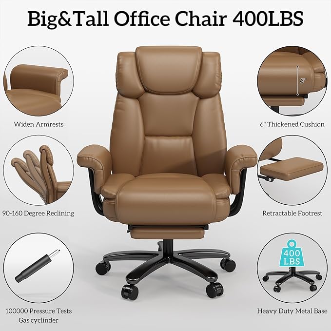 GYI Criss Cross Chair with Wheels, 160°Big and Tall Reclining Office Desk Chair with High Back, Wide Seat, Arms, Footrest, Brown-DeskLoop Office