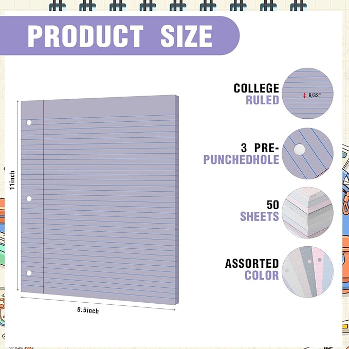 PerKoop 400 Sheets Colored Loose Leaf Paper 8.5" x 11" college ruled Lined 3 Hole Punched notebook Filler Paper for 3 Ring Binders Office School Supplies (Sweet Color)-DeskLoop Office
