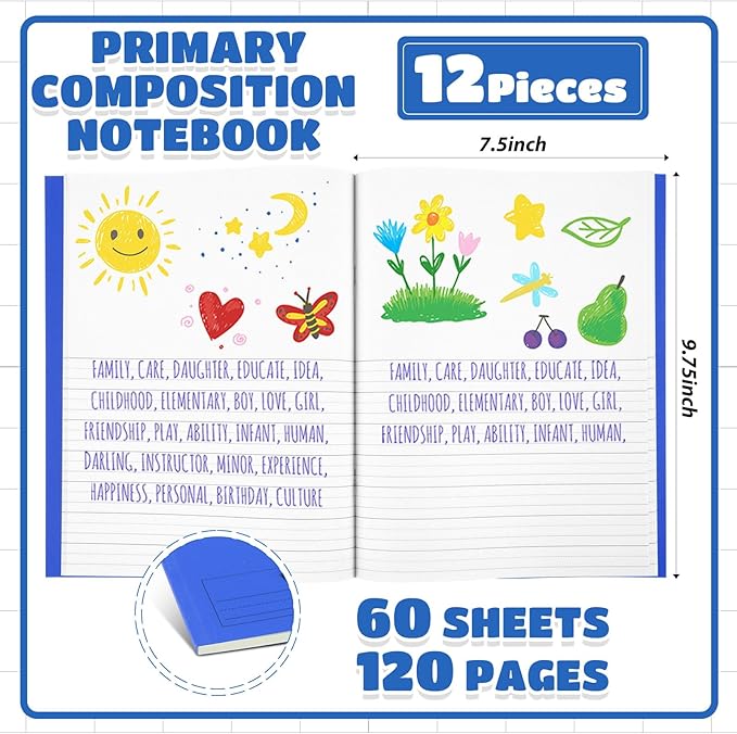 Henoyso 12 Pcs 120 Pages Primary Composition Notebooks K-2 9 3/4 x 7 1/2 Inch Journals Primary Journals Blank Books for Kids to Write Stories Kindergarten (Blue)-DeskLoop Office
