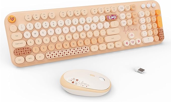 FOPETT Wireless Keyboard and Mouse Combo - 2.4G Full-Sized Cute Colorful Retro Keyboard with Round Keycaps 104 Keys Typewriter Keyboard for Laptop/Windows/PC - Milk Tea Colorful-DeskLoop Office