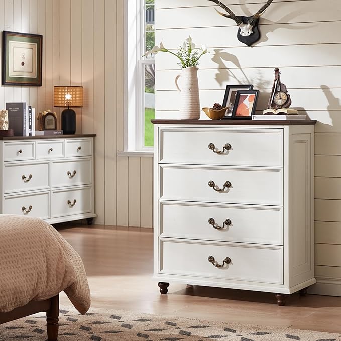 Farmhouse 4 Drawer Dresser Set of 2 for Bedroom, 37" Tall Rustic Chests of Drawers w/ 4 Solid Wood Feet, Mid Century Vintage Wooden Closet Storage Dressers Organizer for Living Room, White-DeskLoop Office