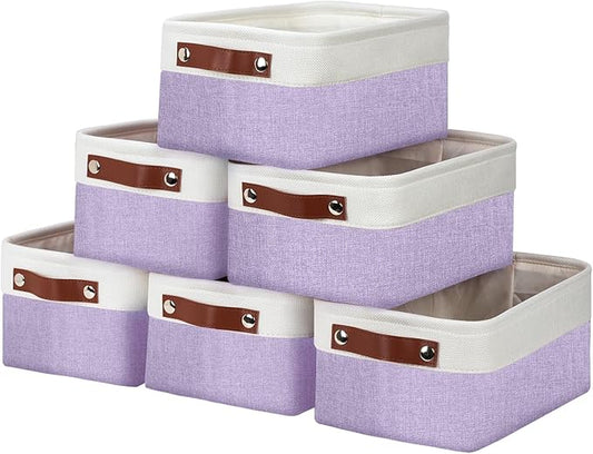 DULLEMELO Small Storage Baskets 6 Pack, Fabric Collapsible Gift Storage Baskets for Shelves, Closets, Nursery, Home, Office Organizing,Small Canvas Linen Rectangular Storage Bins (White&Purple)-DeskLoop Office