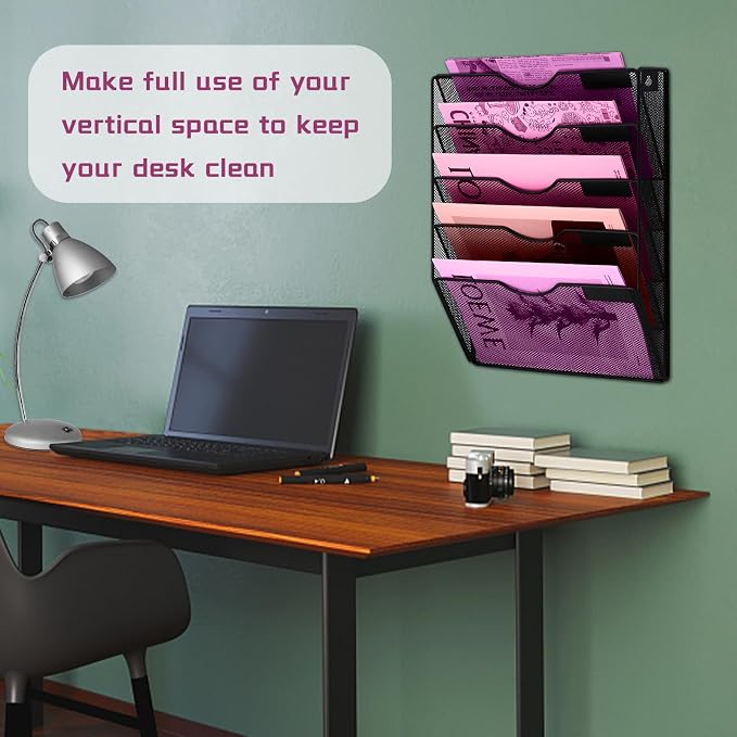 5 Pockets Mesh Wall File Holder Organizer Office Hanging File Folder Magazine - Image 5