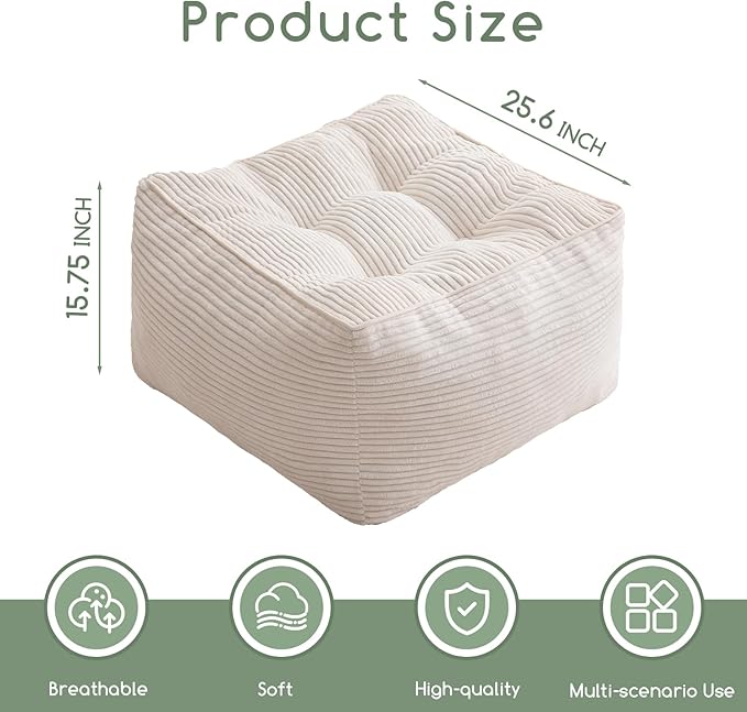 HIGOGOGO Square Stuffed Pouf Ottoman, Corduroy Poufs with Foam Chunk Filling, Furry and Fluffy Pouf Foot Stool Storage Ottoman, 25.6 X 25.6 Floor Poufs Foot Rest for Living Room, Beige-DeskLoop Office