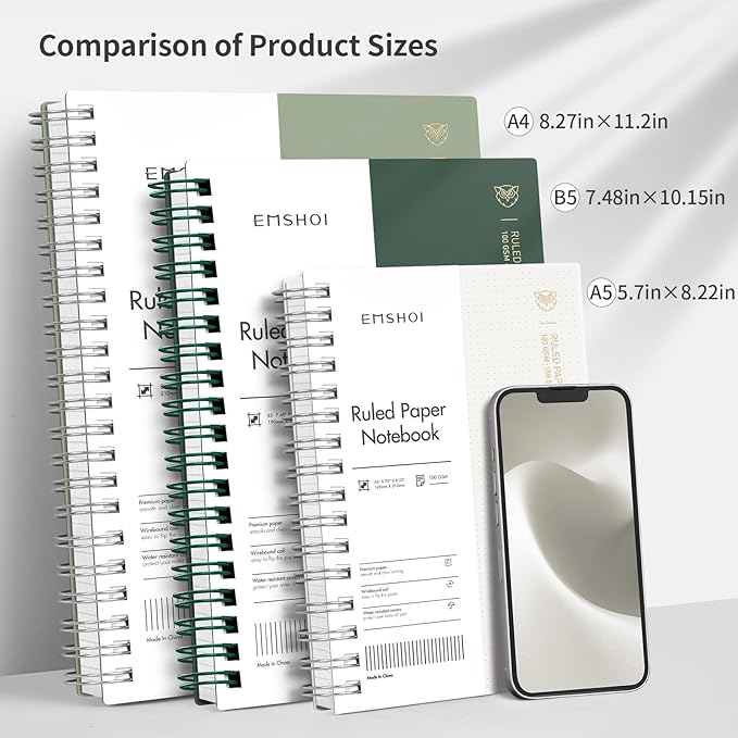 EMSHOI Lined Spiral Journal Notebook, A5 College Ruled Notebook, 300 Pages/150 Sheets, 100gsm Acid-Free Paper, Waterproof Softcover Notebook for School, Work, Note Taking, 5.7" × 8.22" - Transparent