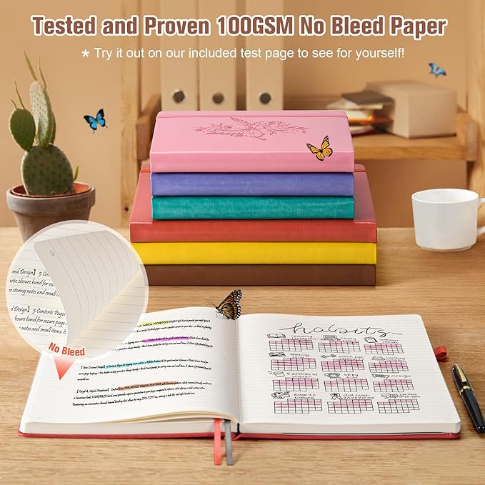 Lined Notebook Journal for Women, 312 Numbered Pages A5 Thick Leather Journal, 100gsm Paper Daily Journal for Work Travel, Hardcover College Ruled Notebook, Giftable Butterfly Floral Notebook, Brown-DeskLoop Office