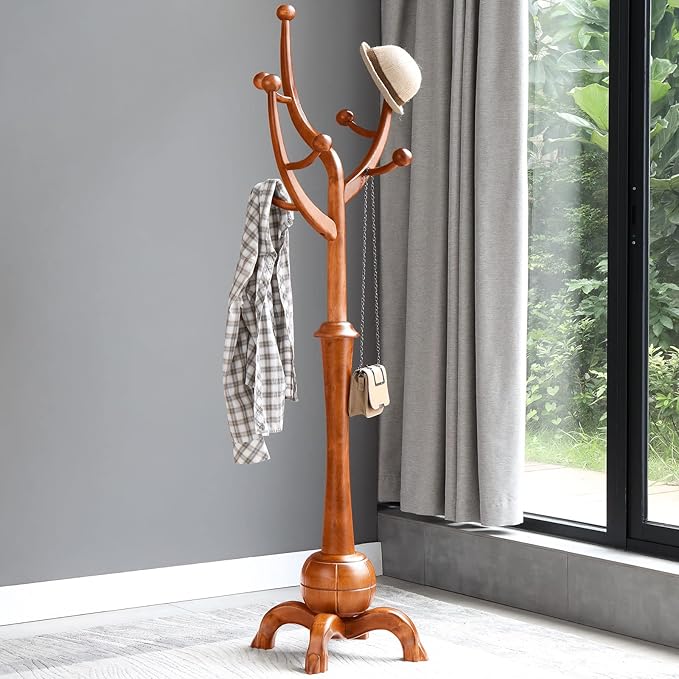 Coat Rack Freestanding Wood Tree Rack with 8 Hooks, Creative Design Tree Branch-look, Coat Tree Clothes Hanger Stand with Stable Sphere Base for Entryway, Hallway, Bedroom - Load 160lbs (Light Brown)-DeskLoop Office