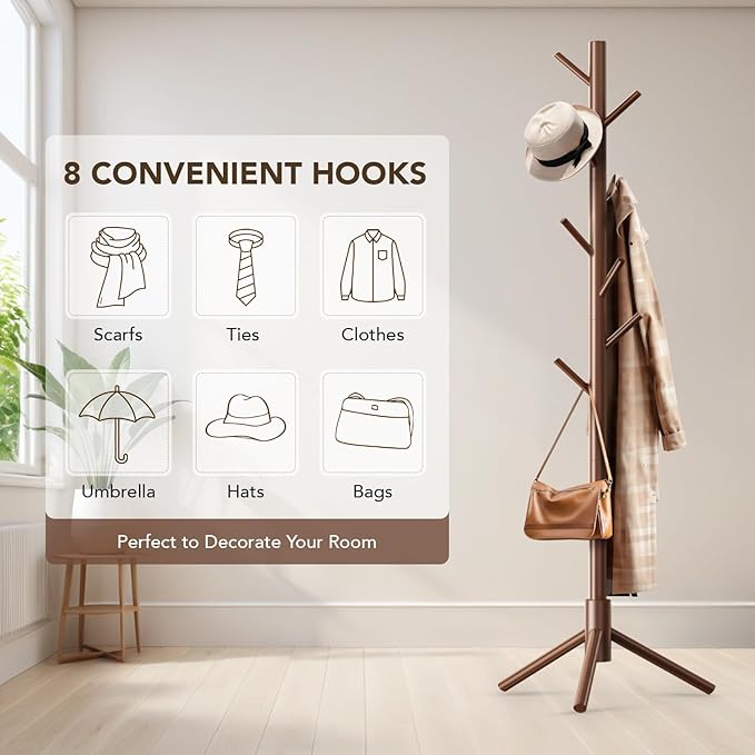 Wooden Tree Coat Rack Stand,Sturdy Freestanding Coat Rack with 8 Hooks,3 Adjustable Height for Child Adult,Wood Coat Stand Tree Fits Entryway Bedroom Office for Bags,Hats, 2 Pack-DeskLoop Office